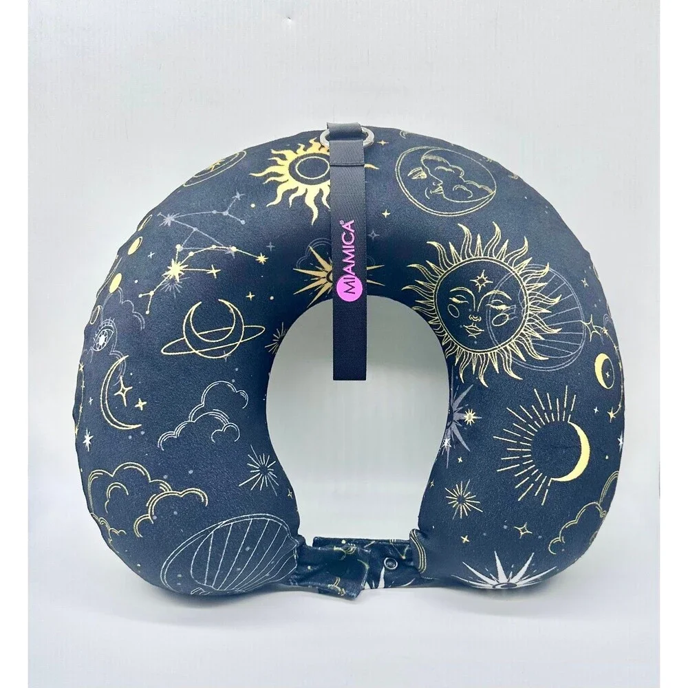 Miamica Black Celestial-themed neck pillow features Gold Yellow Sun and Moon